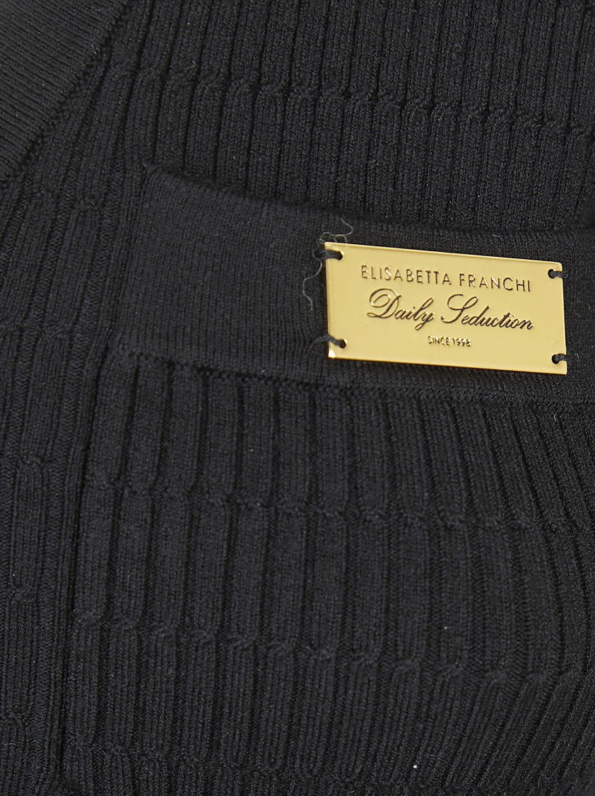 Elisabetta Franchi Fitted Ribbed Knit Sweater With Deep V-Neckline And Gold Accents