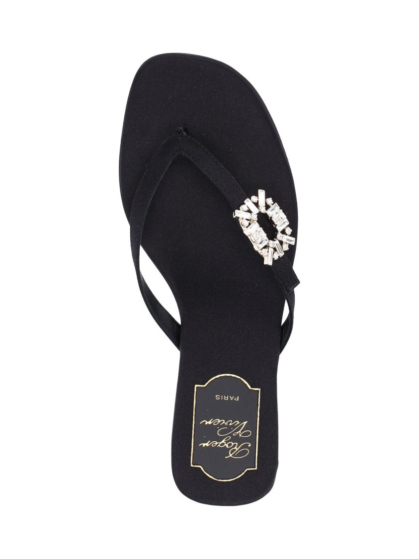 Roger Vivier Black Satin Crystal Slides Sandals