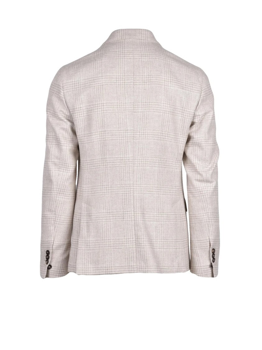 Slowear By Incotex Beige Checkered Double-Breasted Virgin Wool-Blend Blazer
