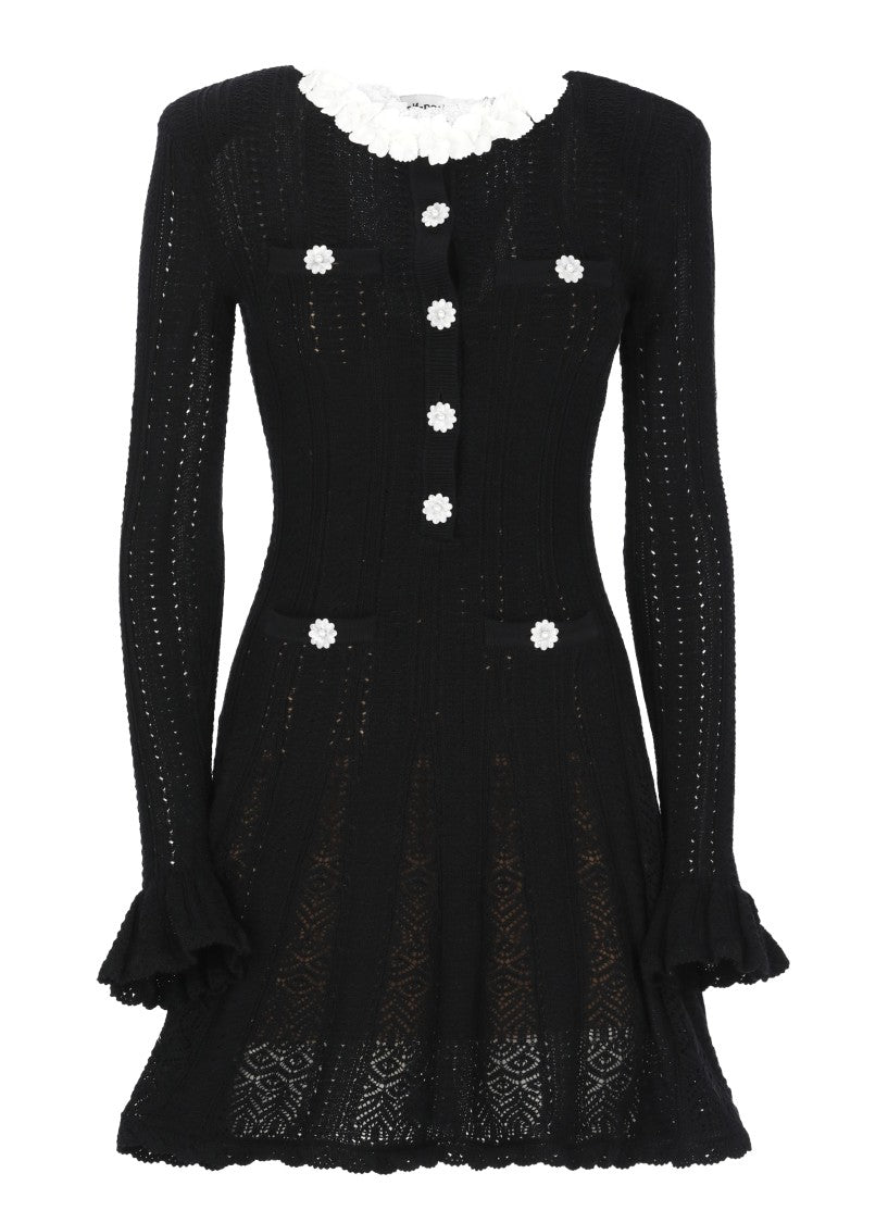 Self-Portrait Flared Black Midi Crochet Dress With Ruffled Sleeves And Floral Accents