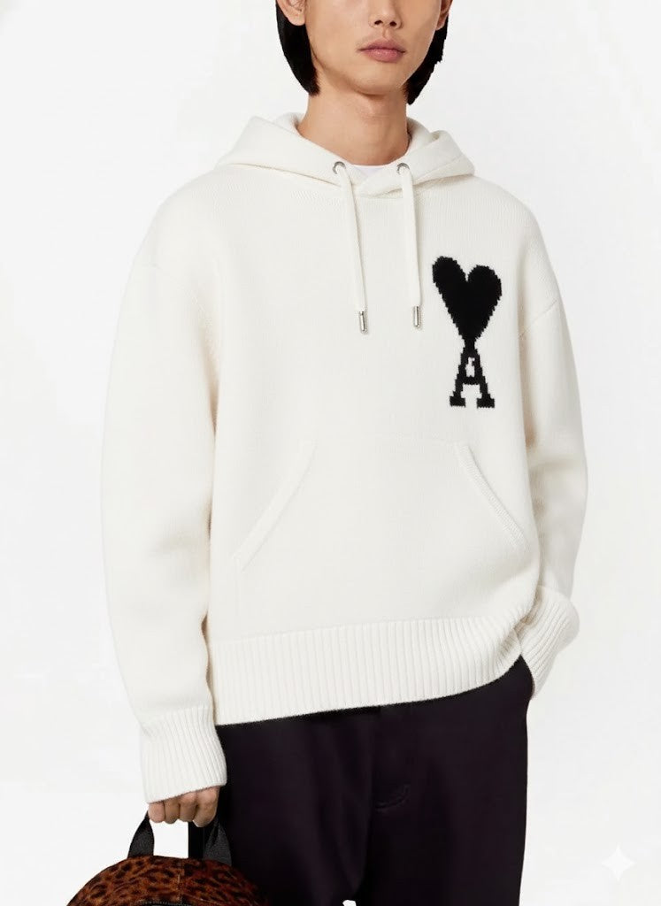Ami Paris Wool Knit Hoodie With Signature Heart Logo