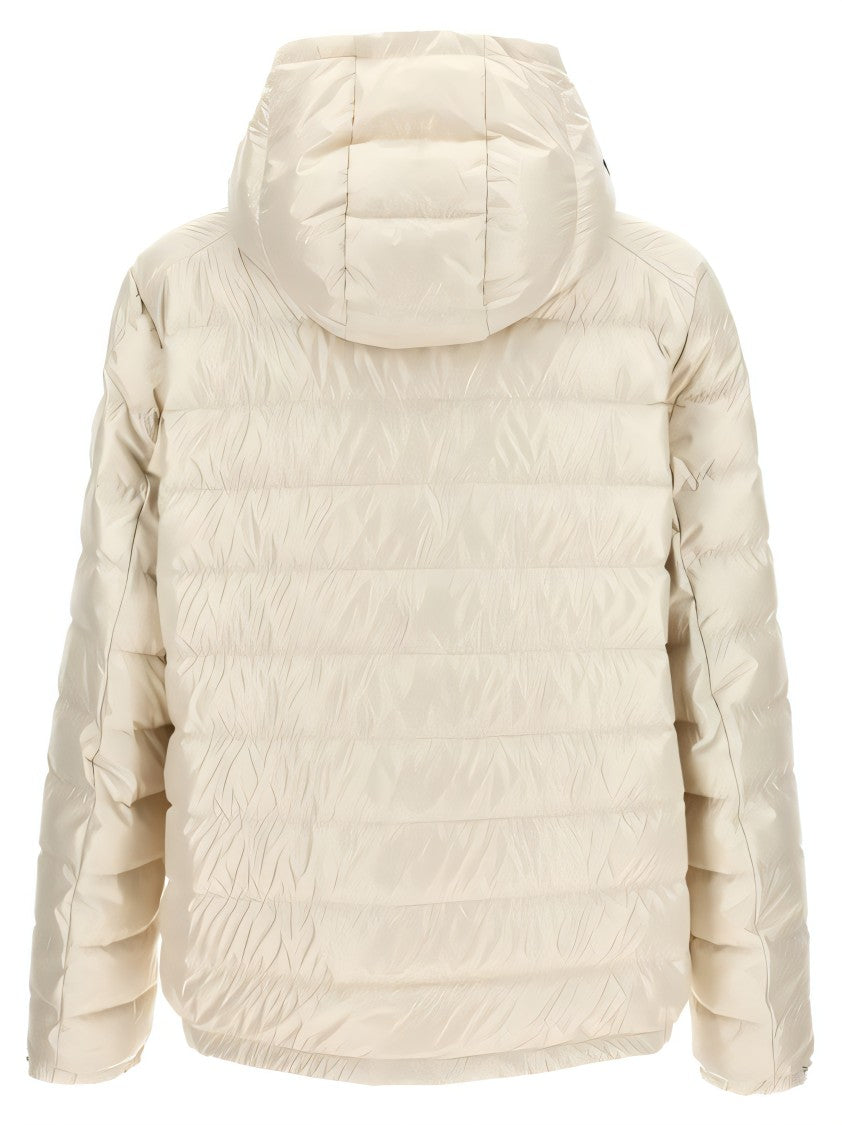 Moncler Quilted White Down Coat With Contrasting Hood Stripes