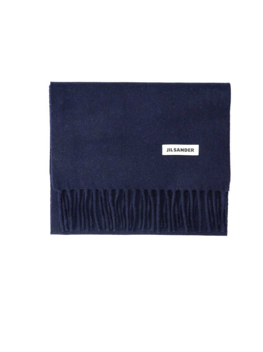 Jil Sander Rectangular Navy Blue Virgin Wool Scarf With Logo Patch