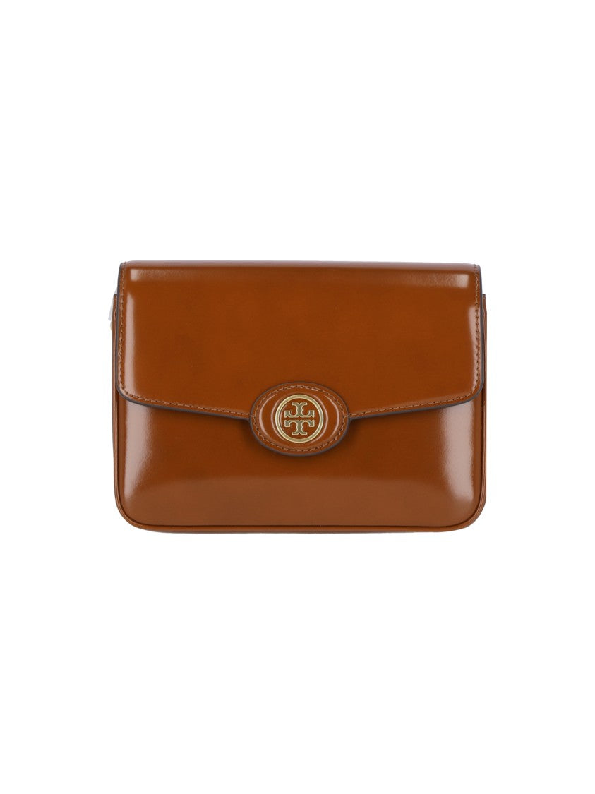 Tory Burch Glossy Brown Leather Shoulder Bag With Signature Emblem