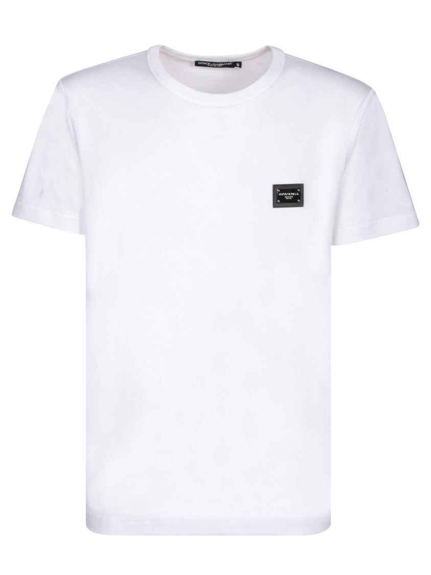 Dolce & Gabbana White Cotton T-Shirt With Silver Plaque Logo