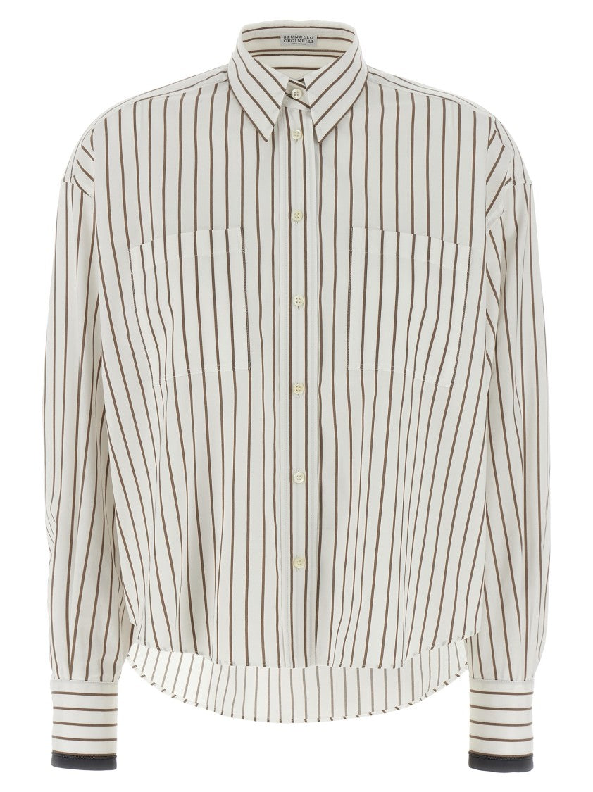 Brunello Cucinelli Monile Detail Cuffed Striped Shirt