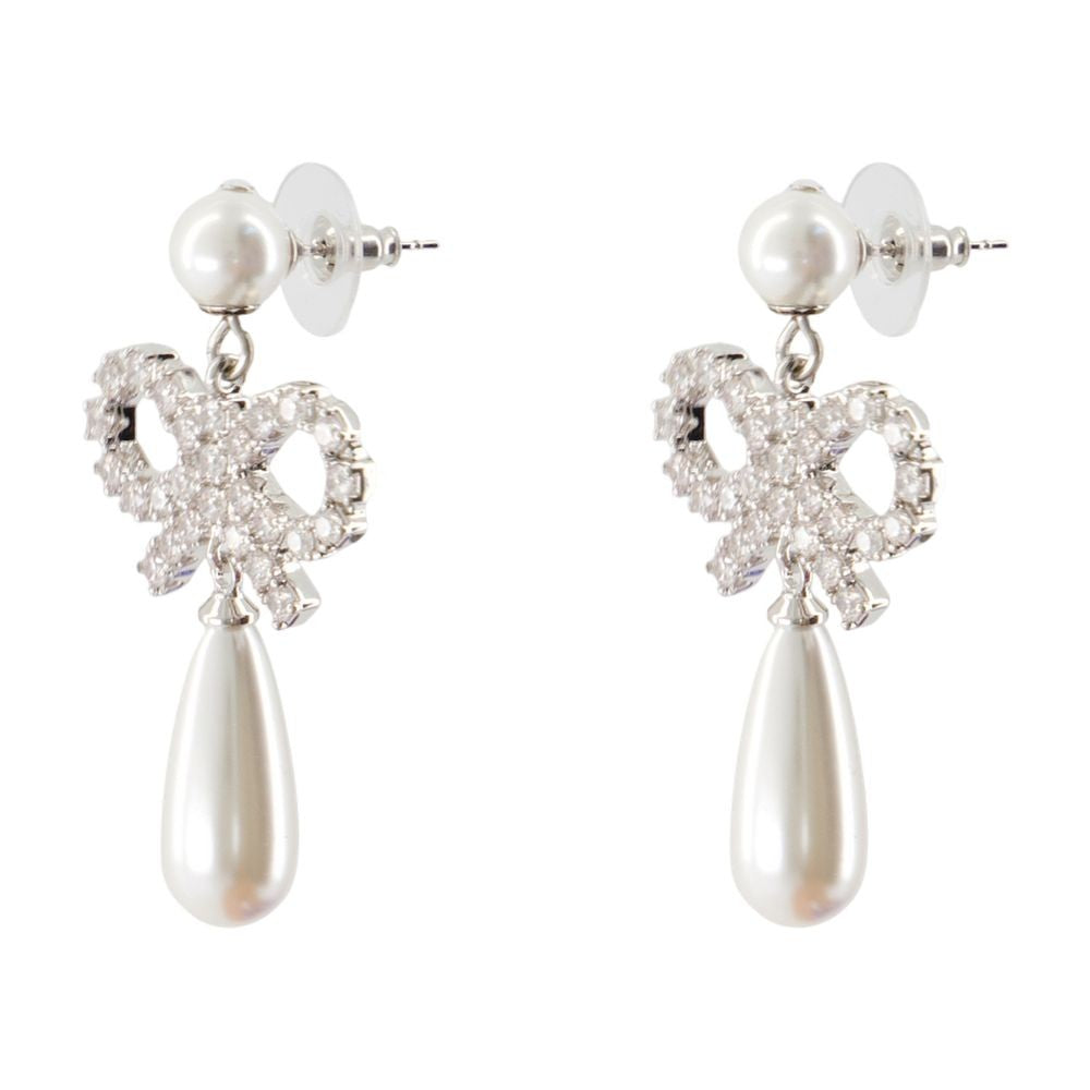 Self-Portrait Pearl Bow Droplet Earrings - Silver - White