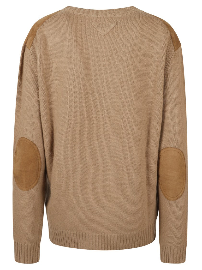 Prada Relaxed Fit Camel Sweater With Deep V-Neck And Suede-Like Accents