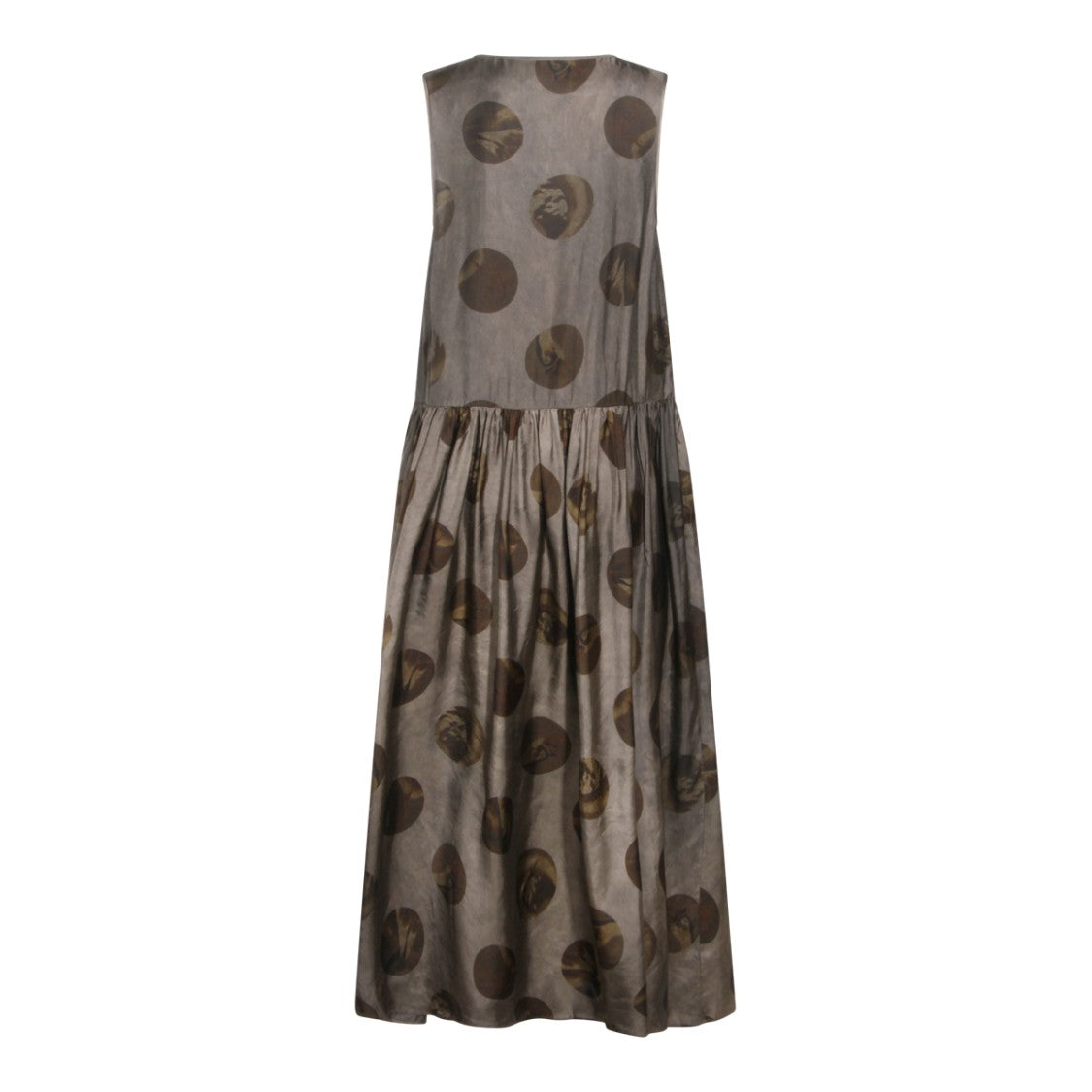 Uma Wang Sleeveless Midi Dress With Gathered Waist And Abstract Motif