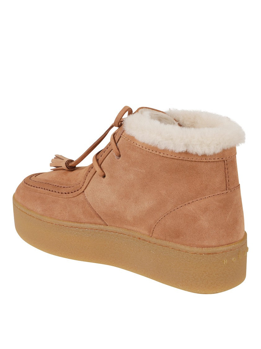 Hogan Mid-Top Brown Suede Sneakers With Shearling Collar