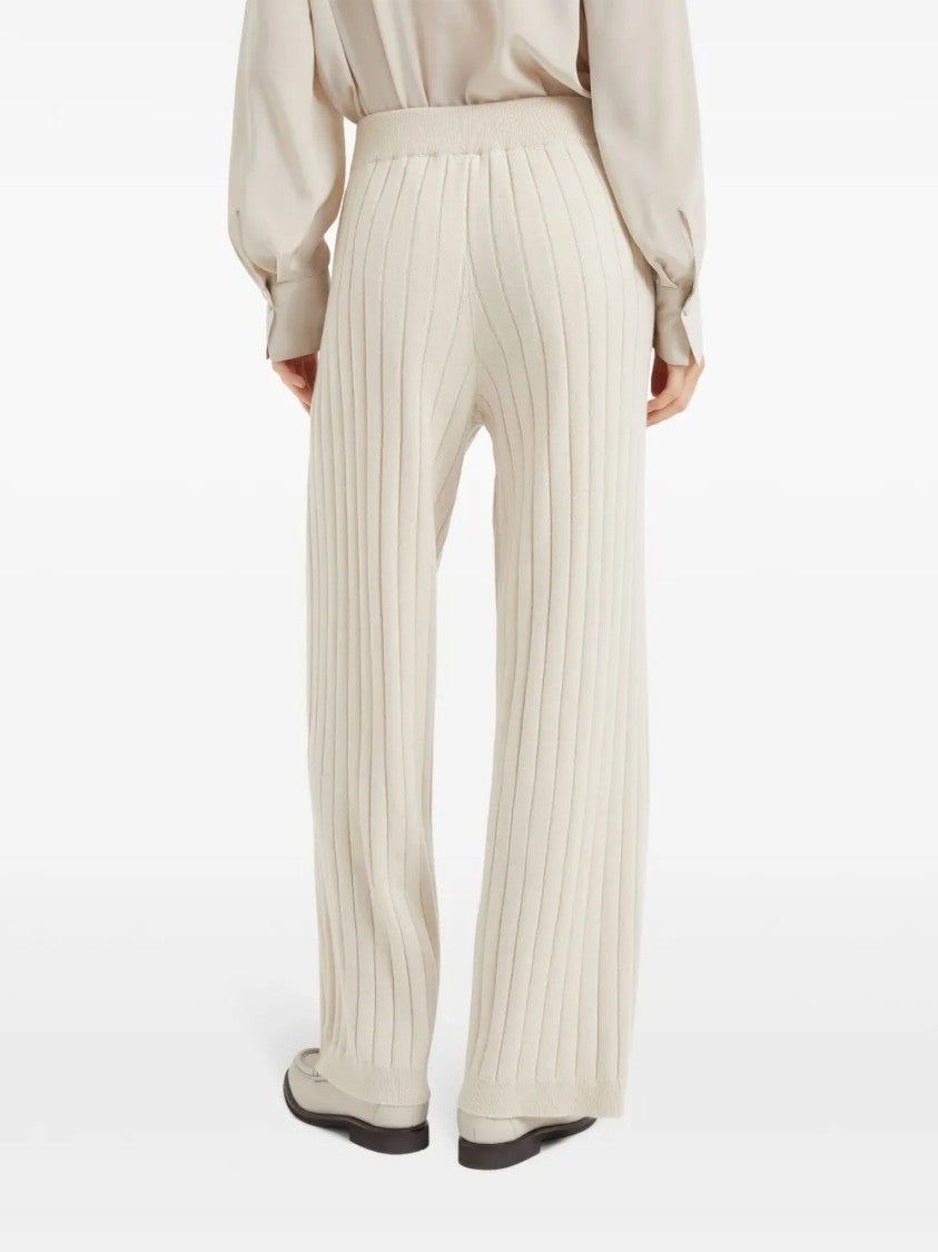 Brunello Cucinelli Wide-Leg Ribbed Knit Pants With High Waist