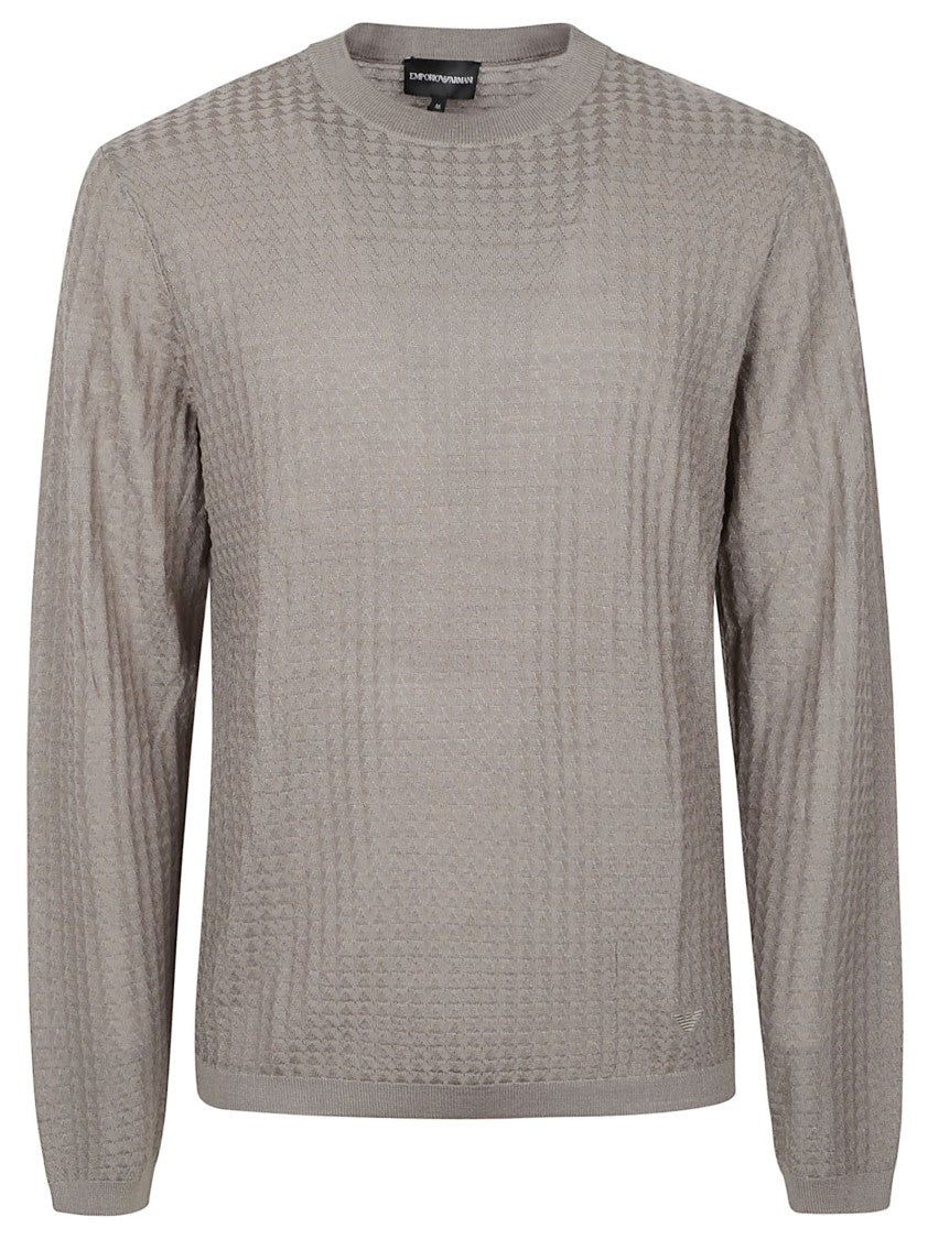 Emporio Armani Textured Neutral Sweater With Classic Crew Neckline
