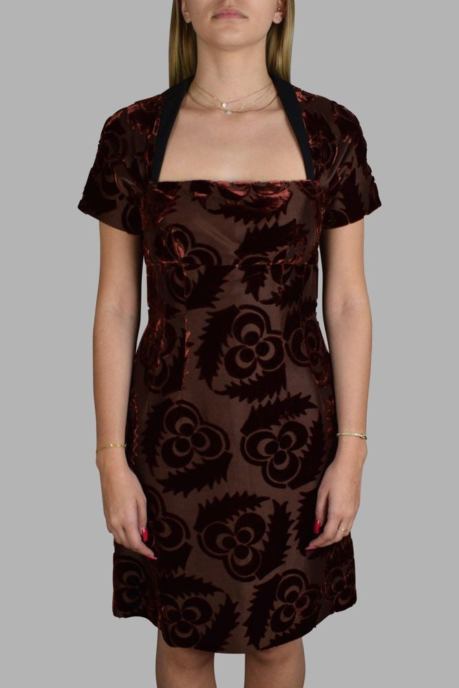 Prada Flared Brown Dress With Velvet Flower Inserts