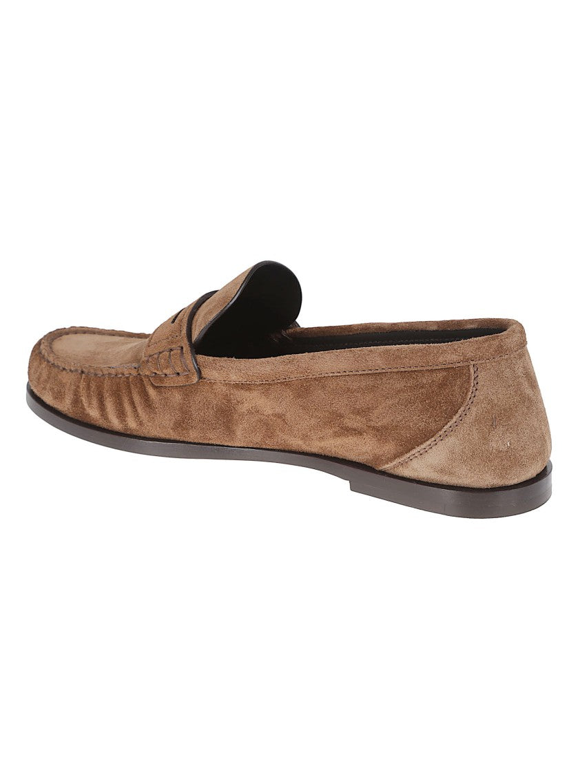 Saint Laurent Brown Suede Moccasin-Style Flat Shoes With Stitched Toe