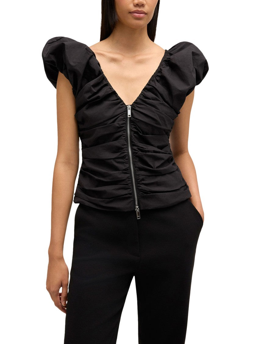 Ganni Ruched Black Cotton Top With Puffed Sleeves