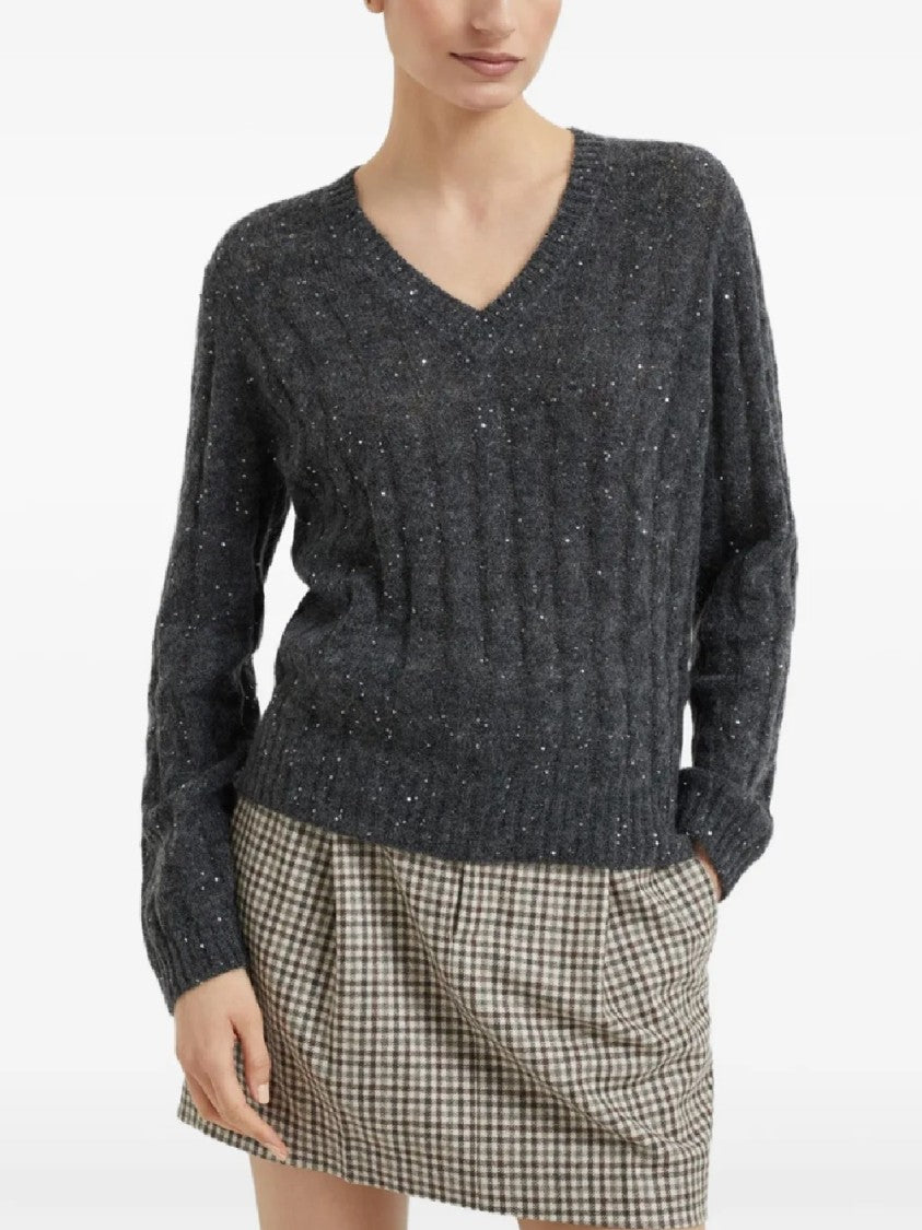Brunello Cucinelli Textured Cable Knit Sweater With V-Neckline