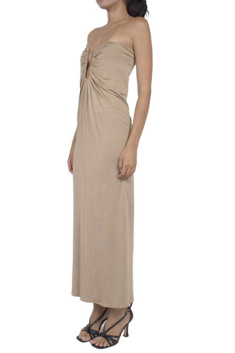 Magda Butrym Beige Strapless Gathered Cut-Out Viscose-Blend Maxi Dress