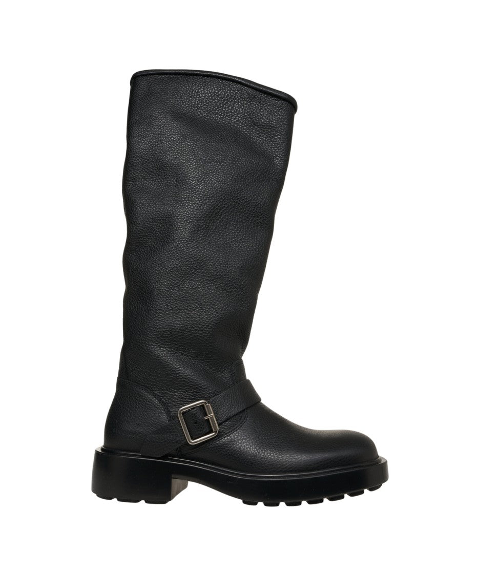Copenaghen Textured Black Leather Biker Boots With Decorative Strap