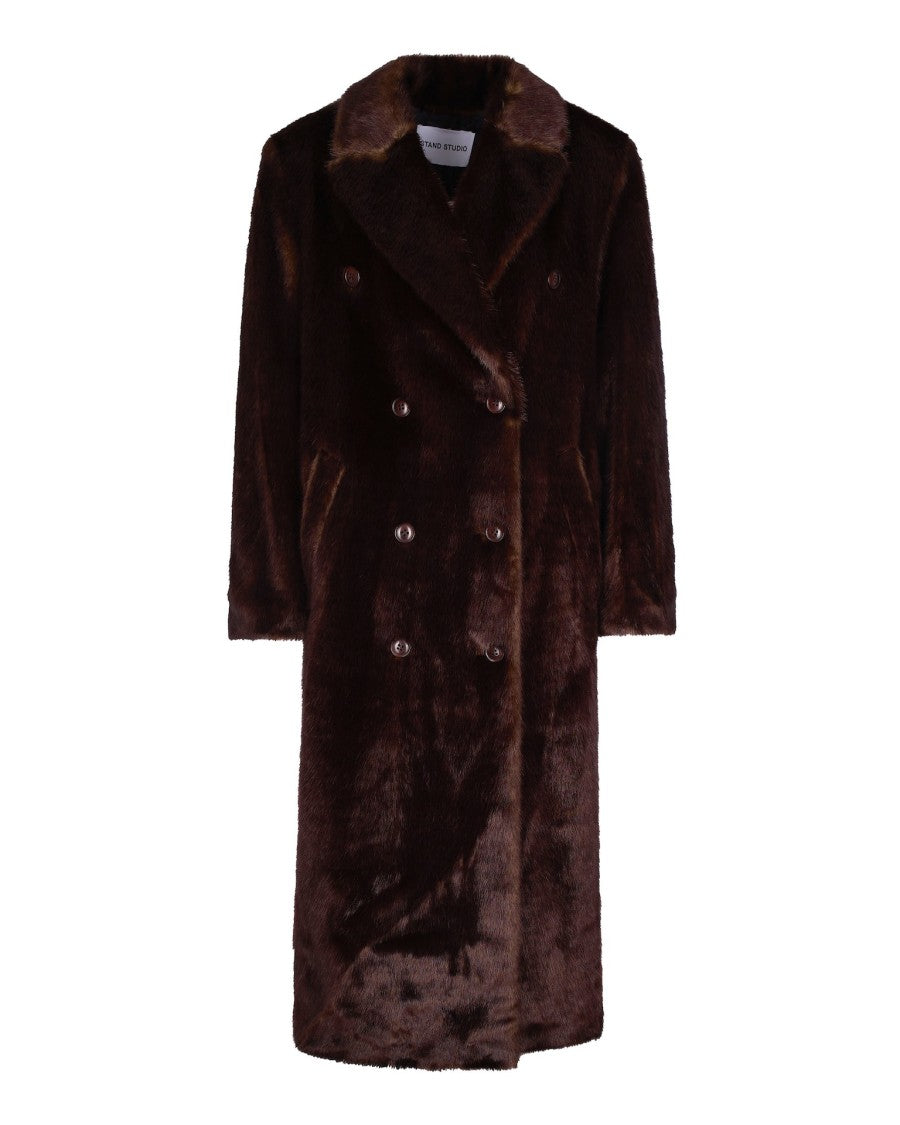 Stand Studio Straight Silhouette Brown Synthetic Fur Coat