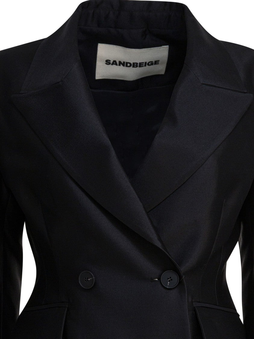 Sandbeige Double-Breasted Wool-Silk Blend Tailored Jacket