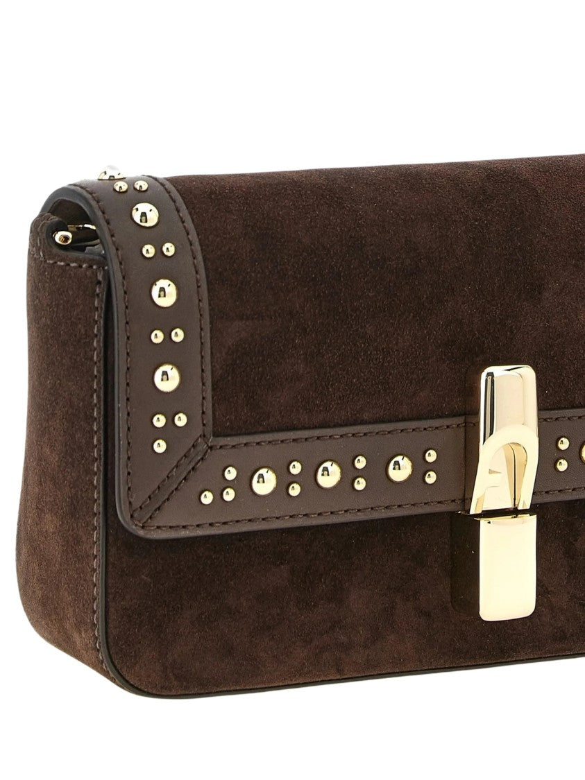 Furla Dark Brown Iride S Rectangular Suede Shoulder Bag