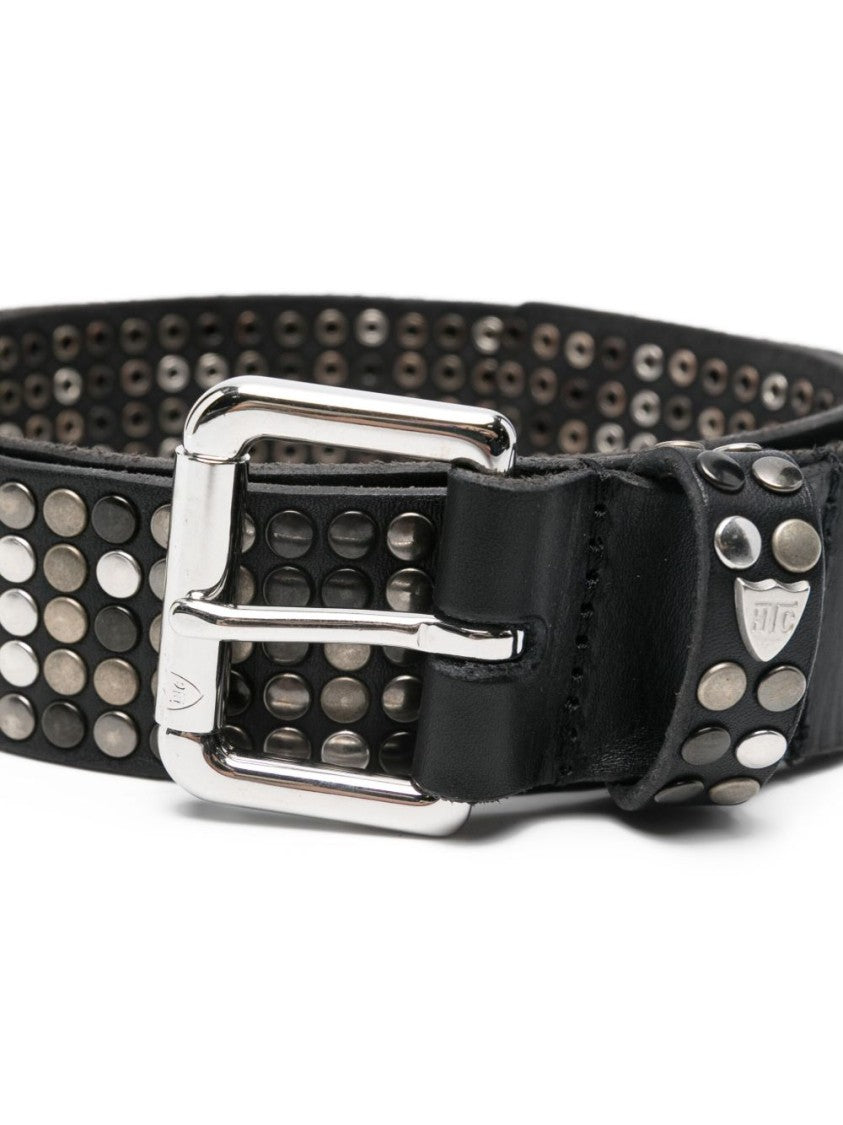 Htc Studs Leather Belt – Black Studded Belt - Clear Buckle