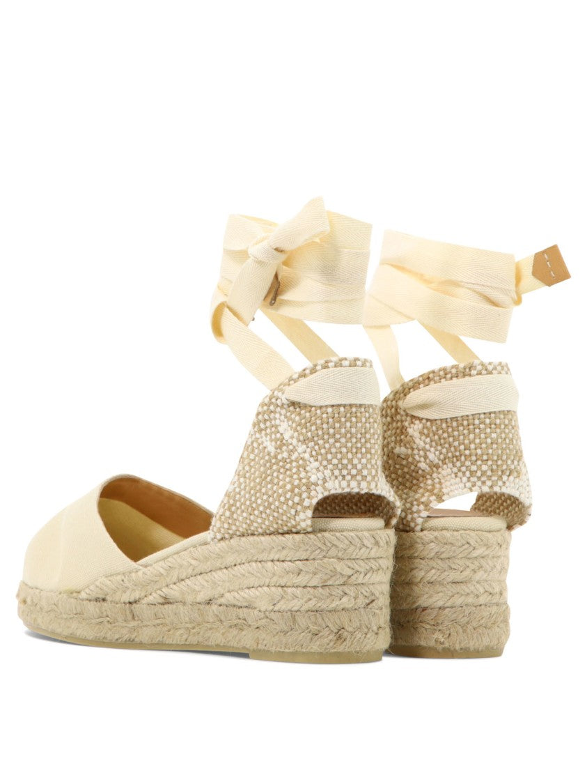 Castaner Beige Cotton Espadrilles With Woven Heel And Ankle Wrap Ribbons