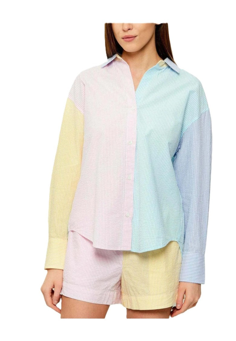 Mc2 Saint Barth Patchwork Button-Up Shirt With Vertical Stripes