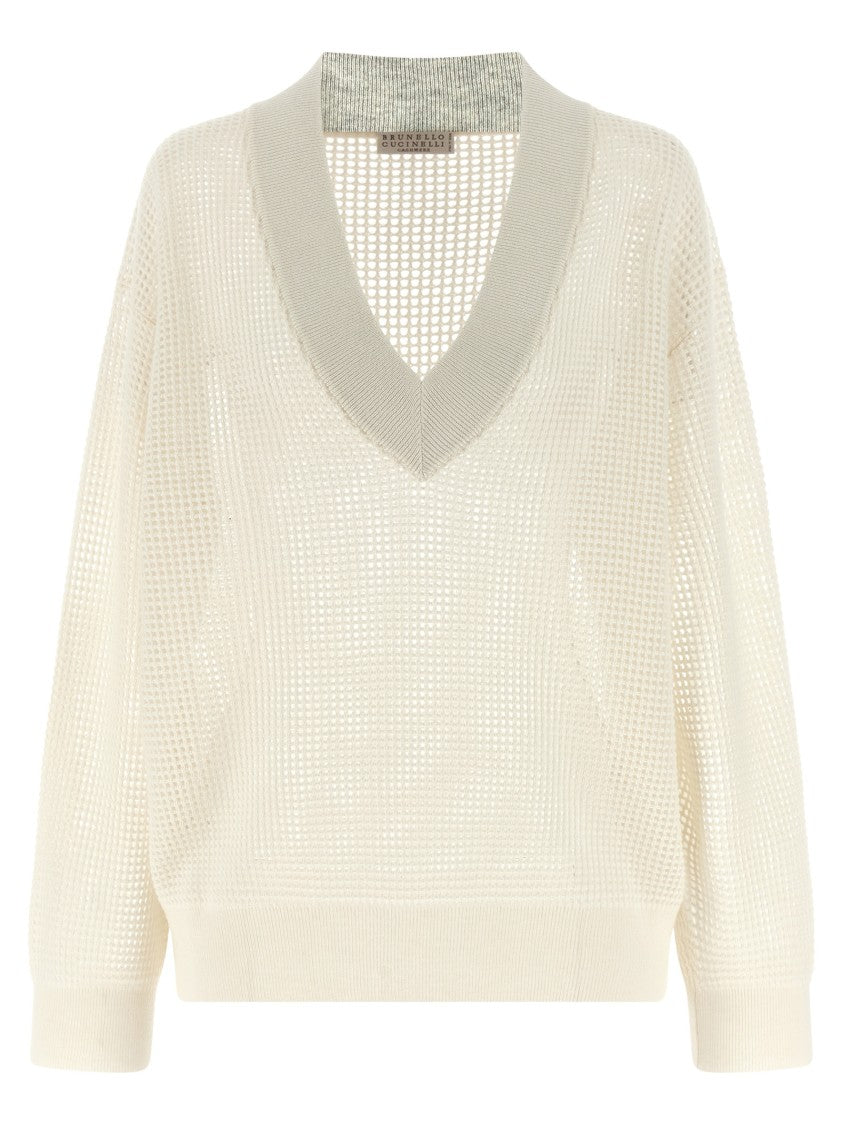 Brunello Cucinelli Net Mesh Cashmere Sweater With V-Neck And Banded Hem