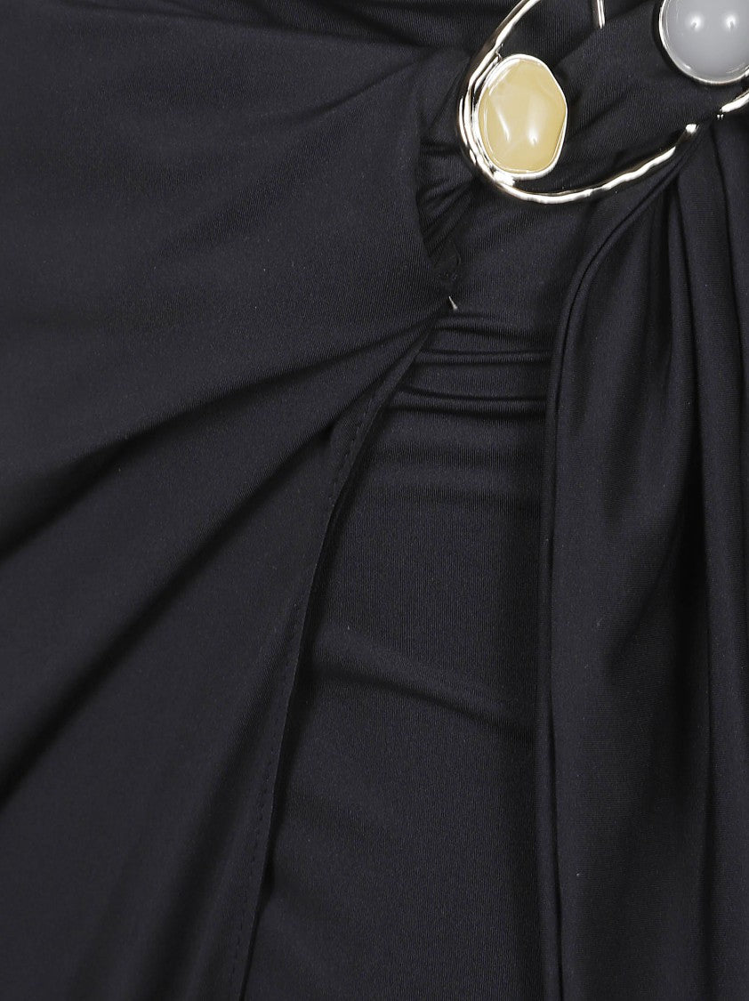 Hamoulet Black Midi Pareo Skirt With Decorative Ring And Gathered Detailing