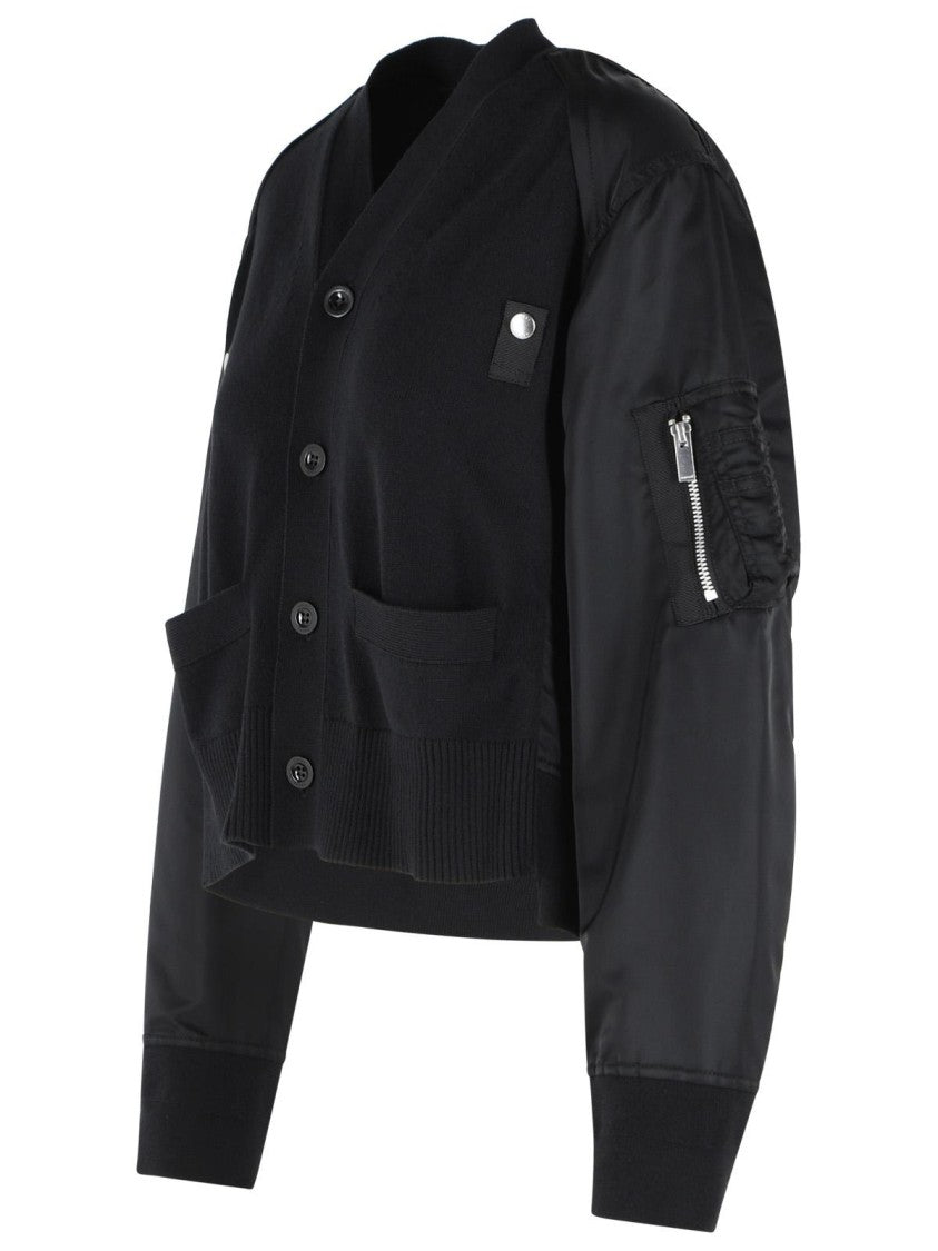 Sacai Black Cotton Blend Cardigan With Ribbed Detailing And Functional Pockets