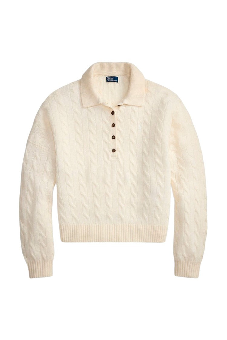 Polo Ralph Lauren Cream Wool-Cashmere Blend Cable-Knit Polo Sweater