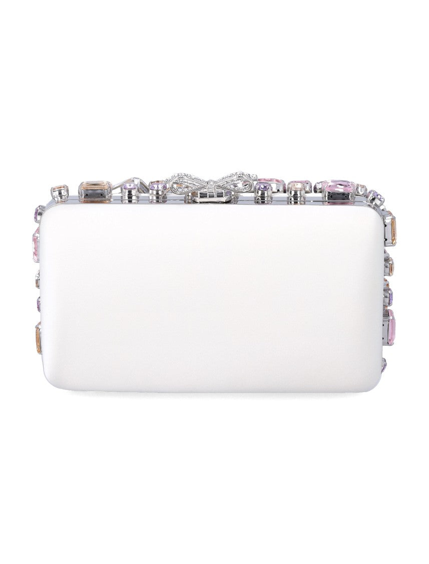 Self-Portrait Multi Crystal Embellished Satin Clutch With Silver Bow Detail