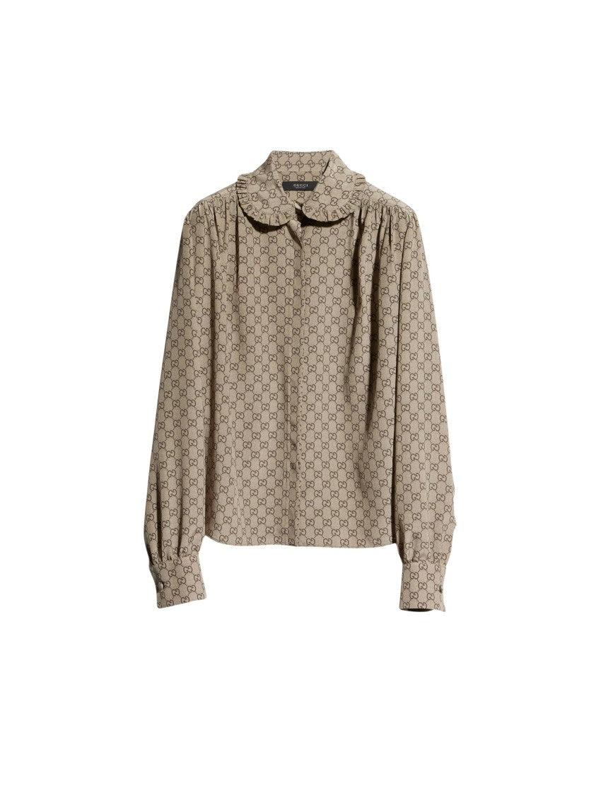 Gucci Beige Gg Print Silk Crêpe De Chine Shirt