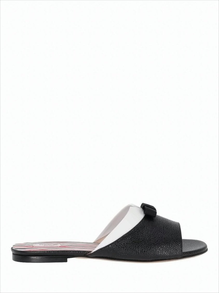 Thom Browne Open-Toe Black Leather Mules With Bow Detail