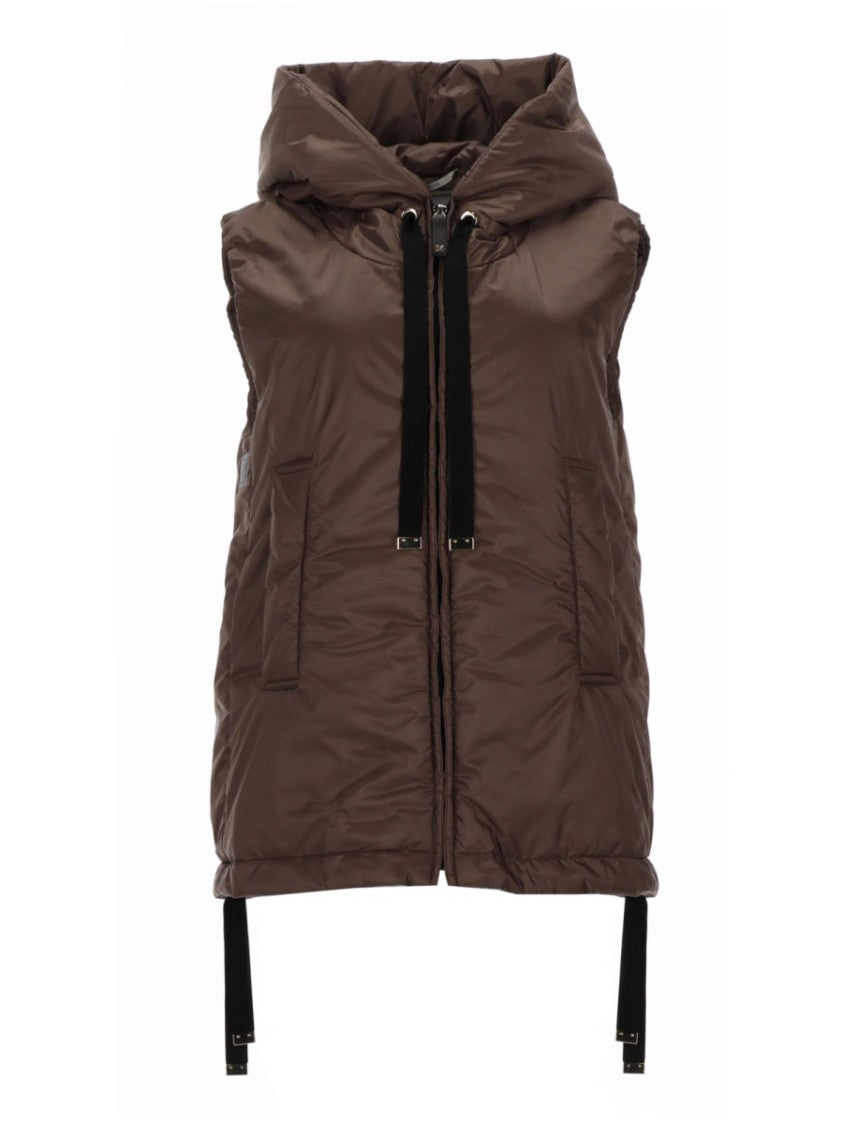Max Mara Padded Brown Vest With High Collar And Adjustable Drawstrings