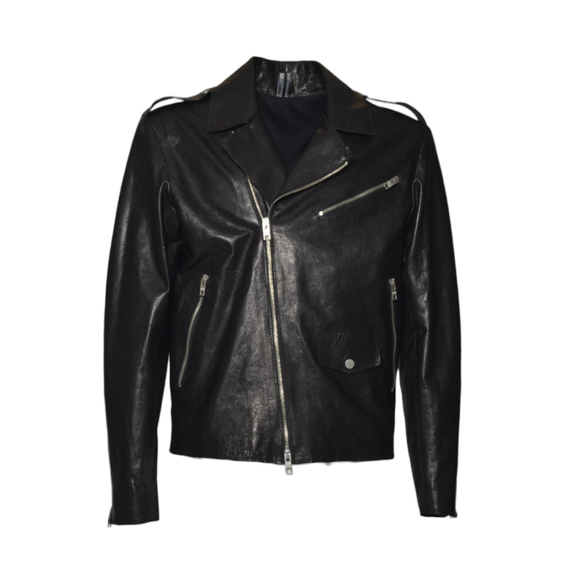 Dfour Asymmetrical Black Leather Jacket With Multi-Pocket Design