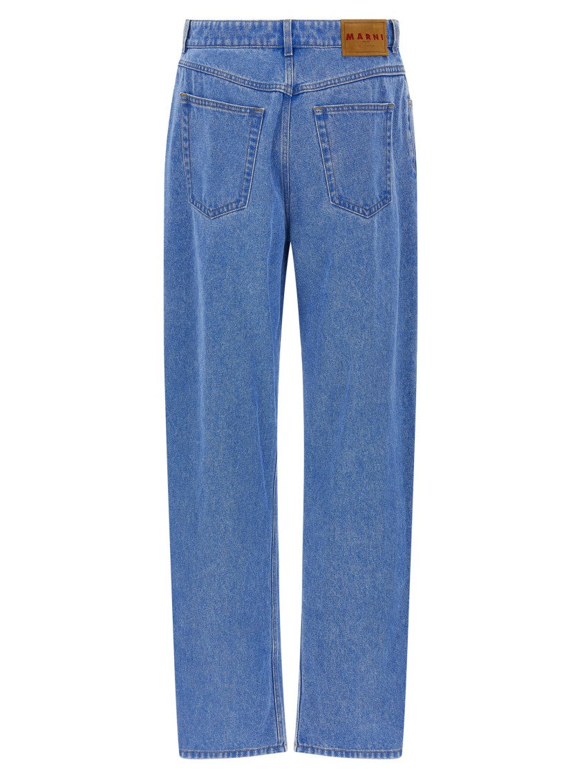 Marni Wide-Leg Pleat Jeans With Contrast Stitching And Suede Logo