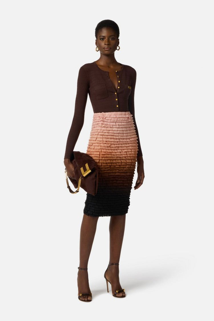 Elisabetta Franchi Brown Braided Ribbed Gold Logo Plaque Lyocell-Blend Cardigan