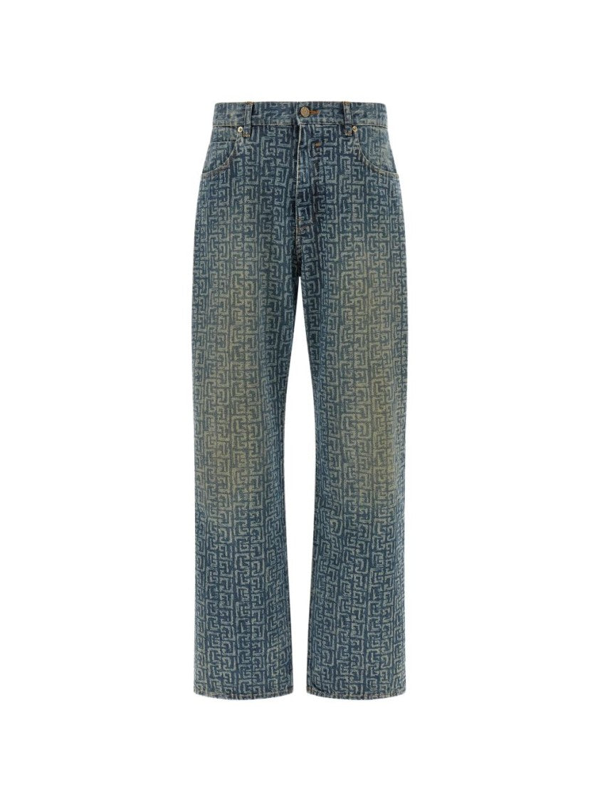 Balmain Blue Monogram Print Straight-Leg Jeans