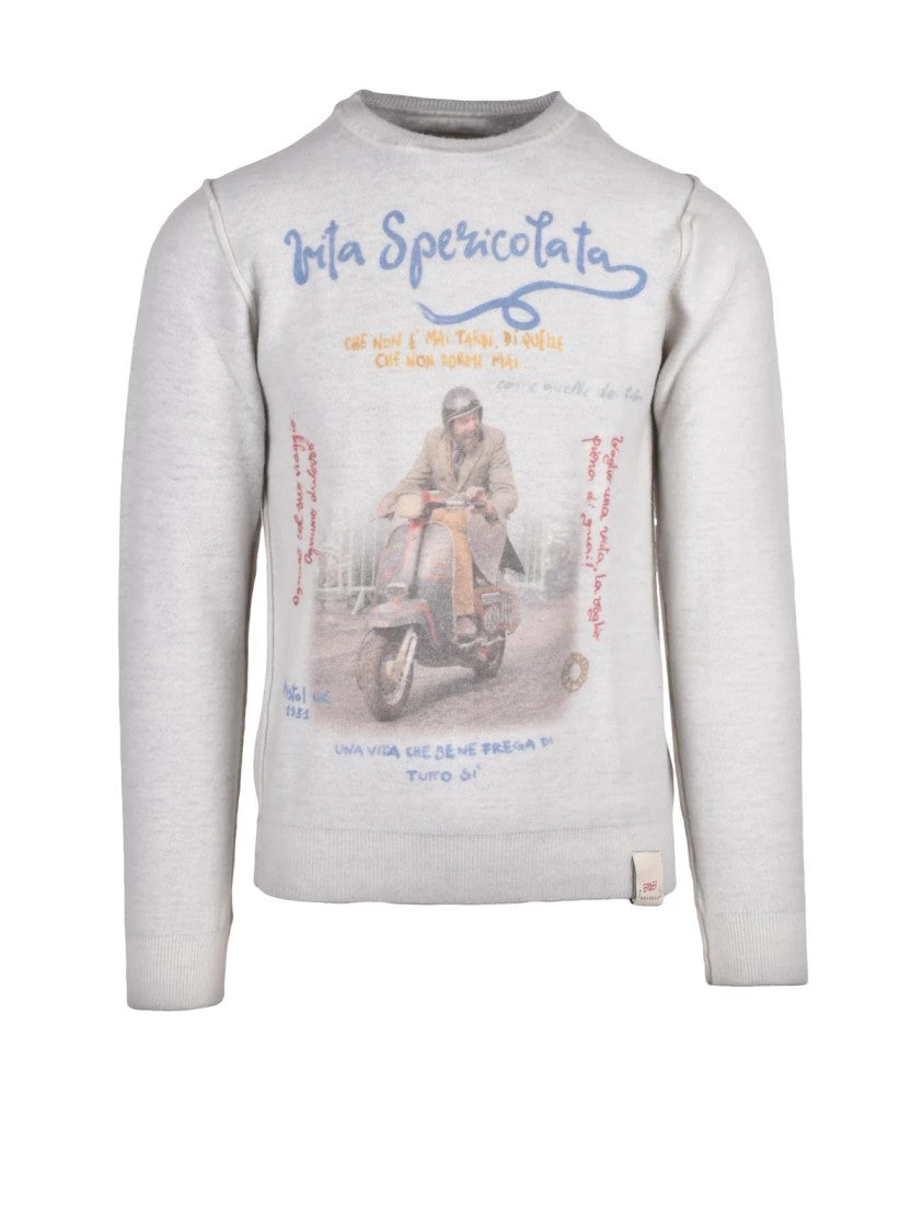 Bob Grey/Blue Wool-Blend Graphic Crewneck Sweater