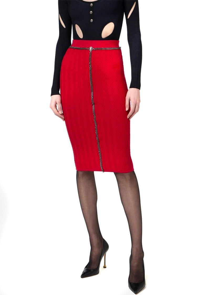 Elisabetta Franchi Textured Herringbone Midi Skirt With Chain Detail