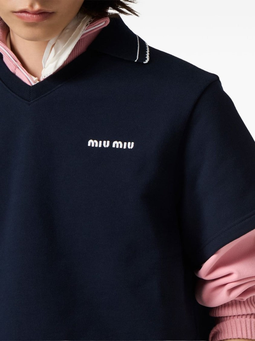 Miu Miu Black Cropped Boxy V-Neck Embroidered Sweater
