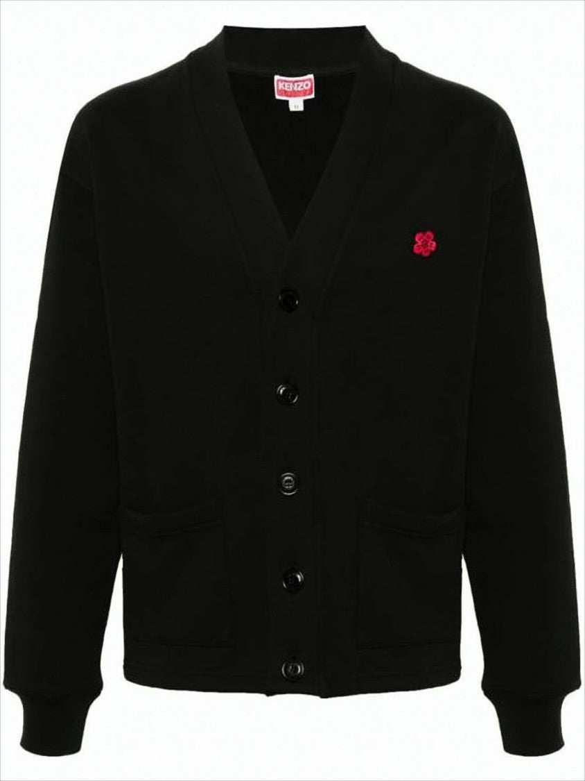 Kenzo Black Knitwear Cardigan With Floral Graphic And Logo