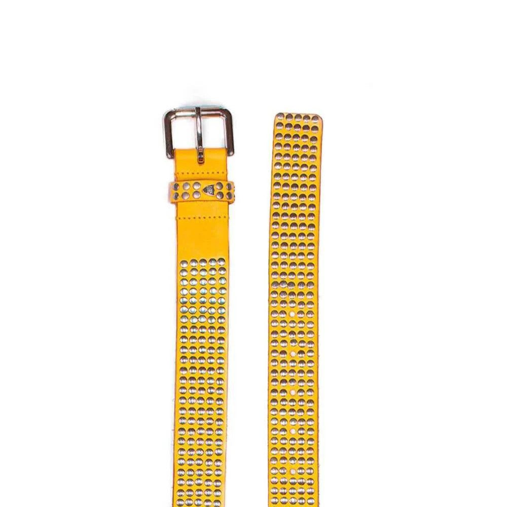 Htc Studded Yellow Leather Belt With Brass Buckle And Logo Rivet