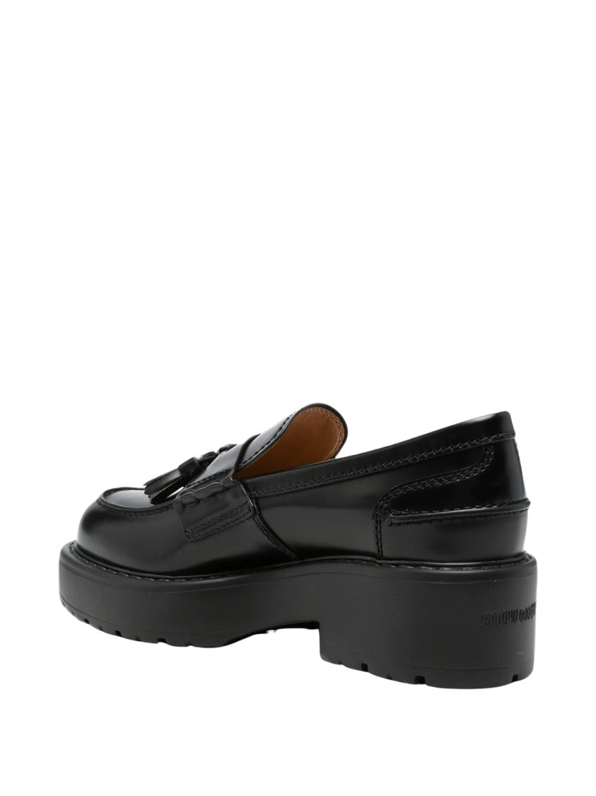Miu Miu Black Leather Tassel Chunky Loafers