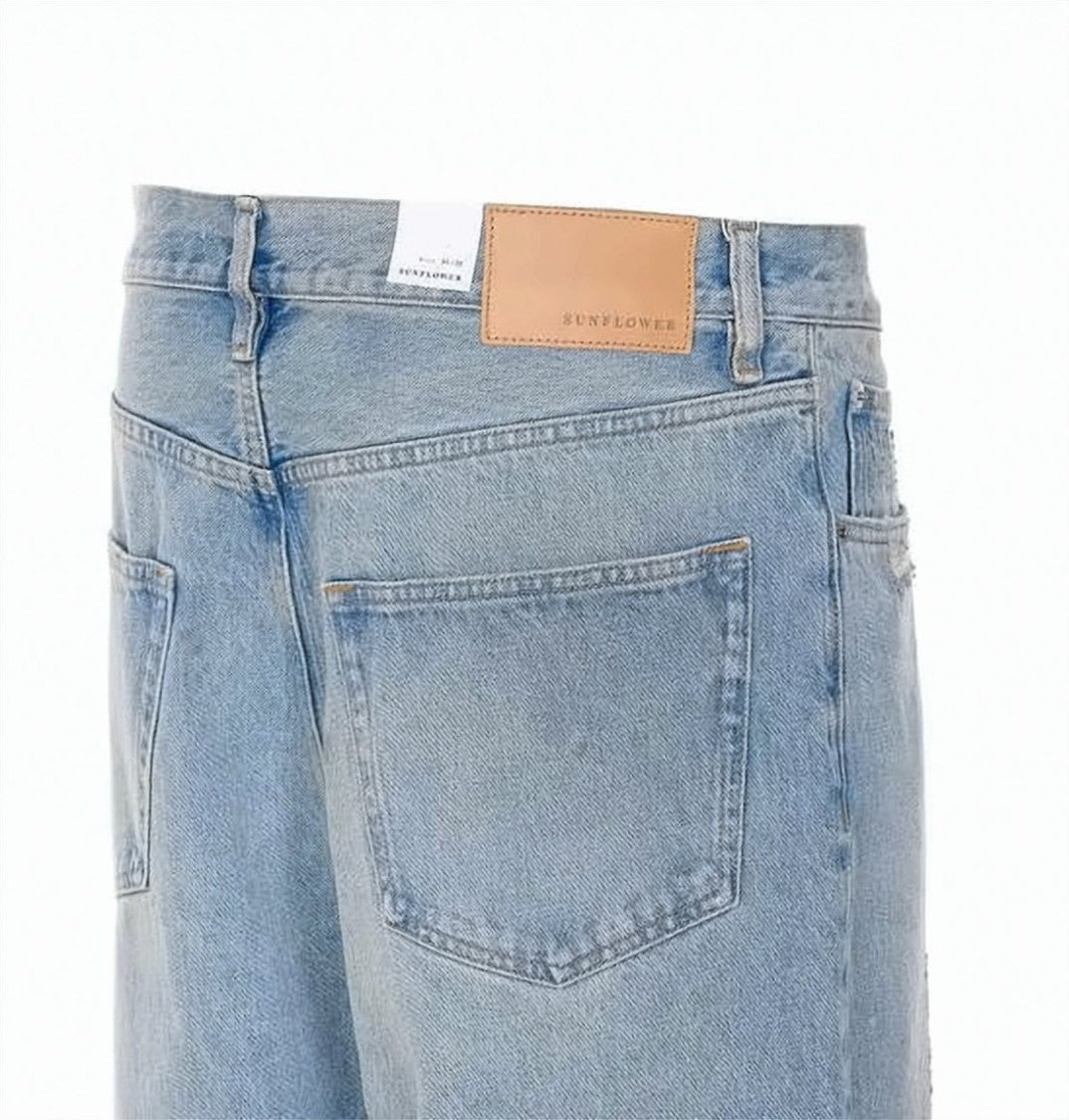 Sunflower Light Blue Cropped Denim Pants With Distressed Details