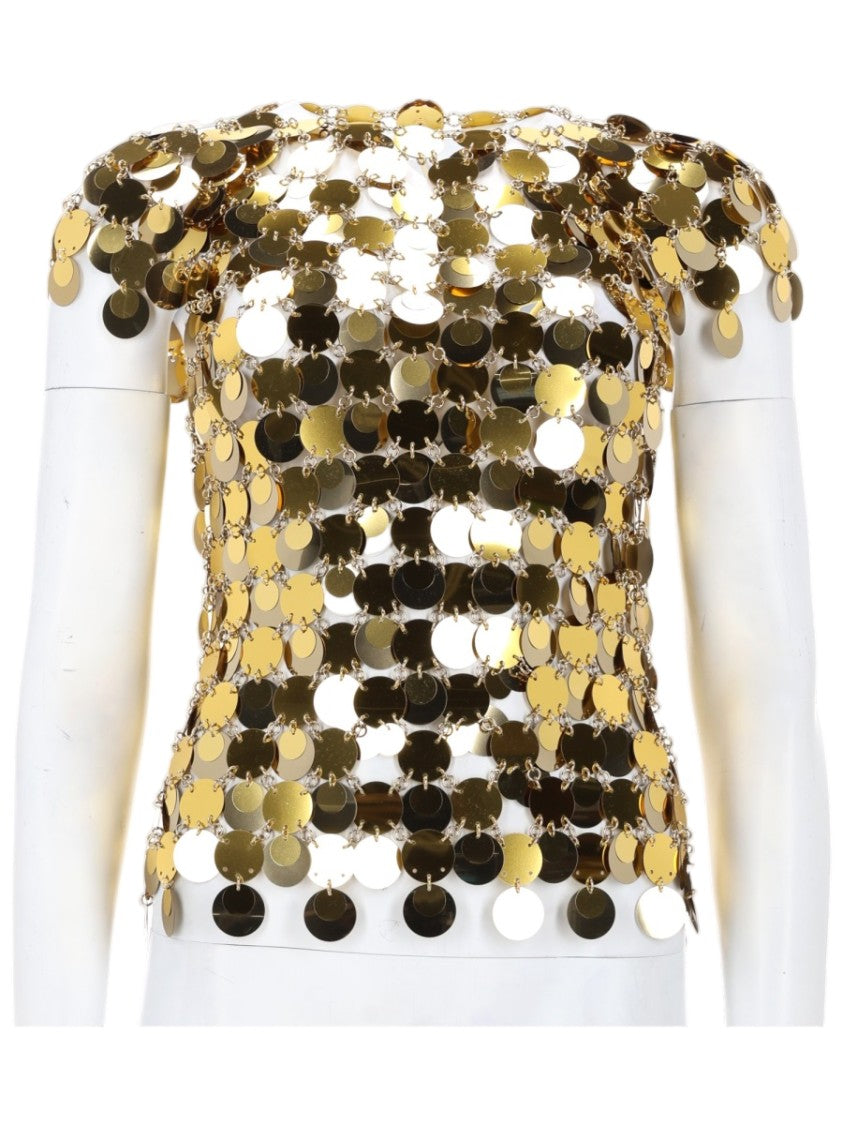 Rabanne The Gold Sparkle Disc Off-Shoulder Top