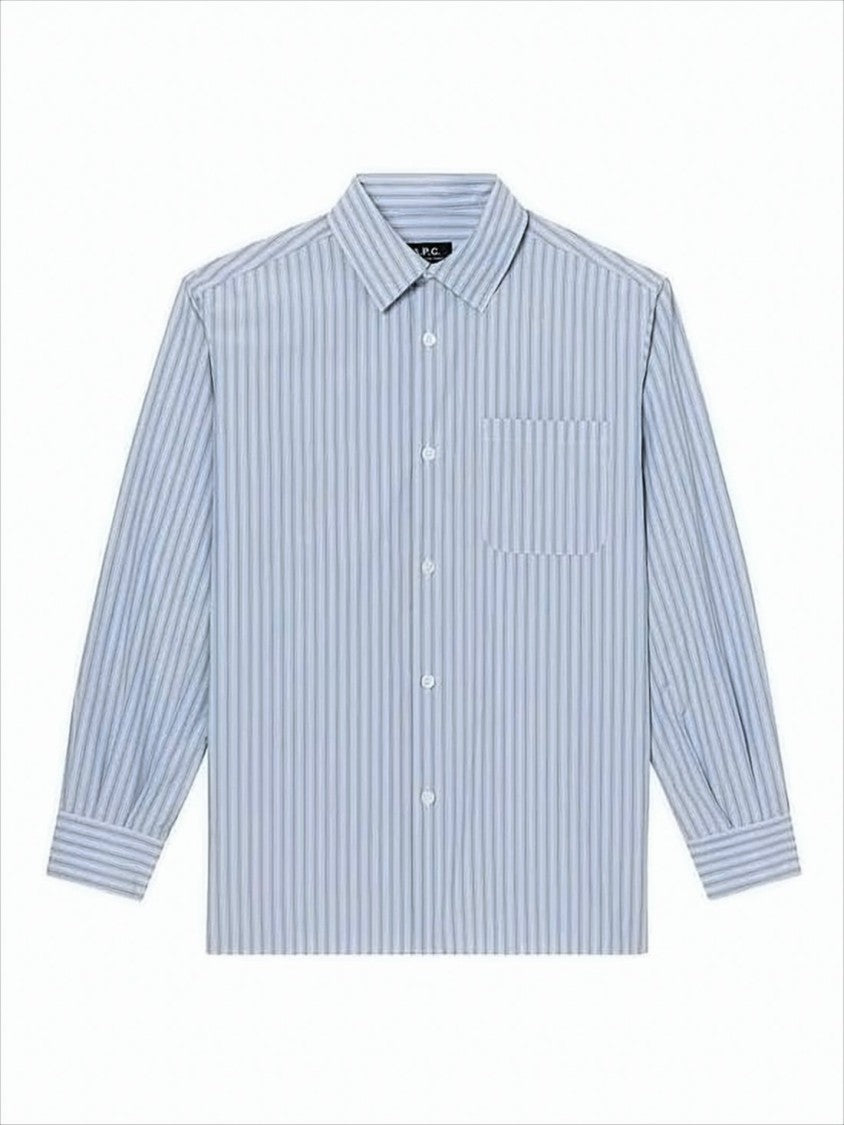 A.P.C. Light Blue Vertical Striped Button-Up Shirt With Relaxed Fit