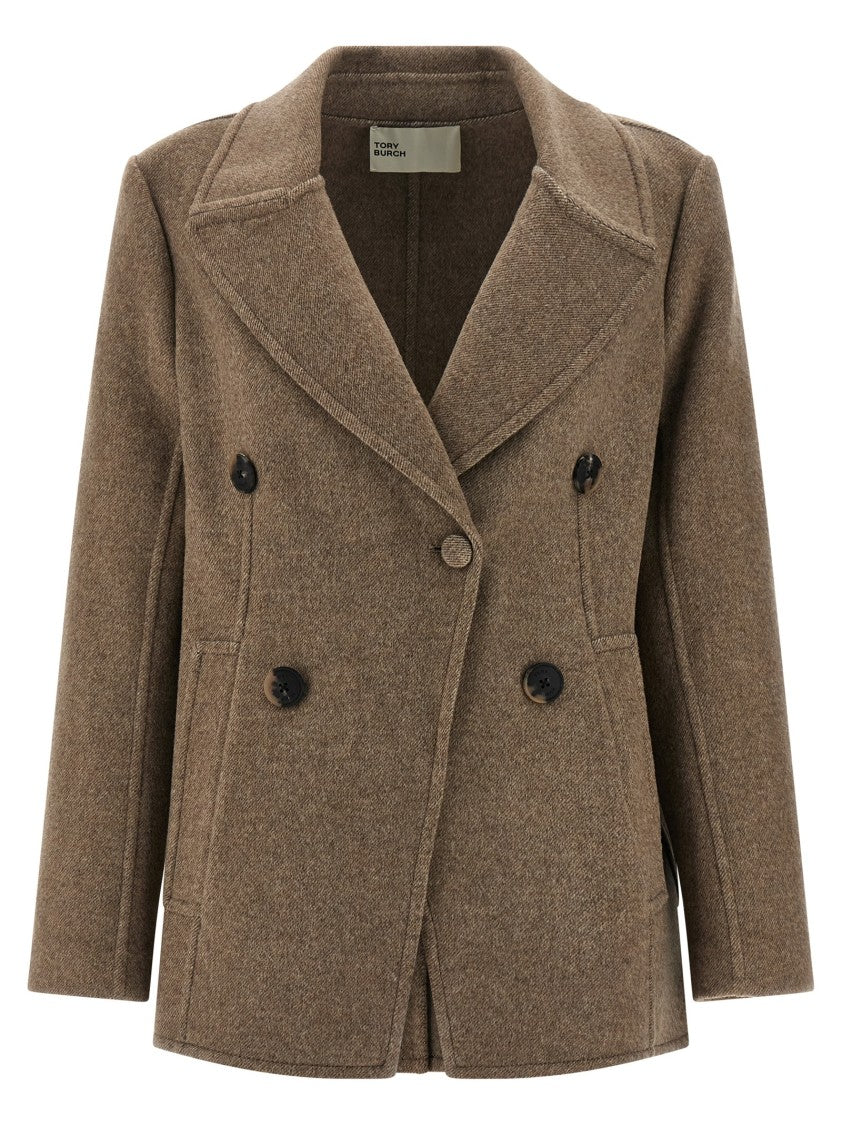 Tory Burch Double-Breasted Mélange Wool Coat With Classic Lapel And Relaxed Fit
